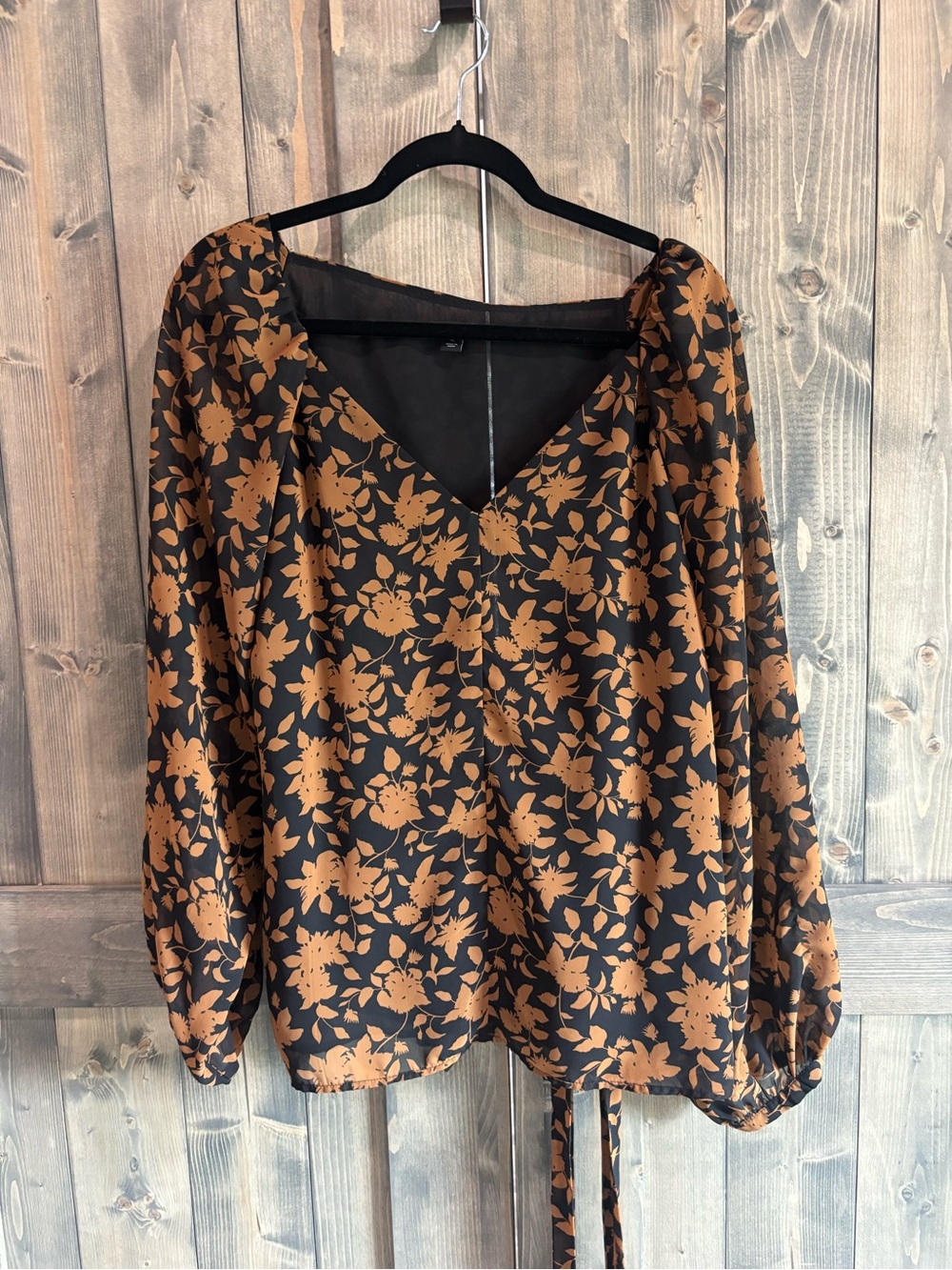 Ann Taylor Black Top with Brown Floral V-Neck Long Sleeves
